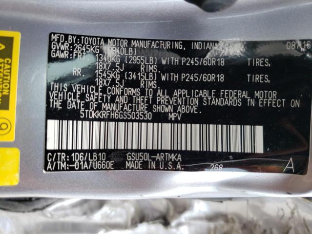 5TDKKRFH6GS503530 - 2016 TOYOTA HIGHLANDER XLE Արծաթագույն լուսանկար 13