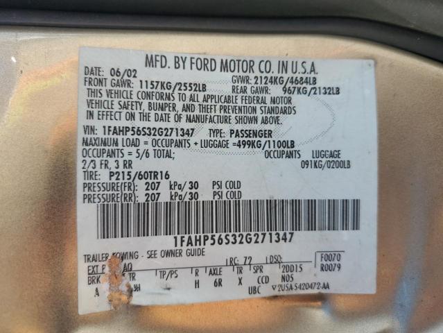 1FAHP56S32G271347 - 2002 FORD TAURUS SEL GOLD photo 12