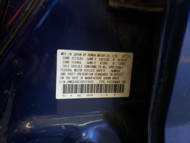 JHMGE8H31BC019430 - 2011 HONDA FIT BLUE photo 12