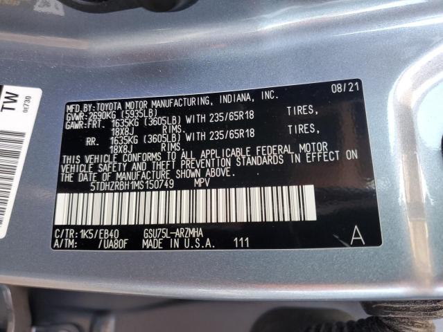 5TDHZRBH1MS150749 - 2021 TOYOTA HIGHLANDER XLE BLUE photo 13
