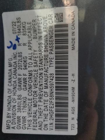 2HGFE2F58NH597428 - 2022 HONDA CIVIC SPORT 灰色 照片 12