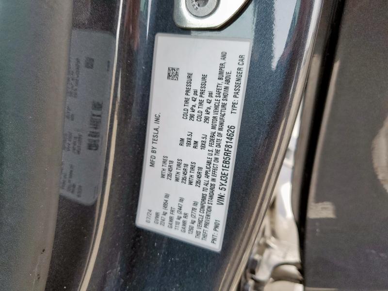 5YJ3E1EB5RF814626 - 2024 TESLA MODEL 3 Մոխրագույն լուսանկար 12