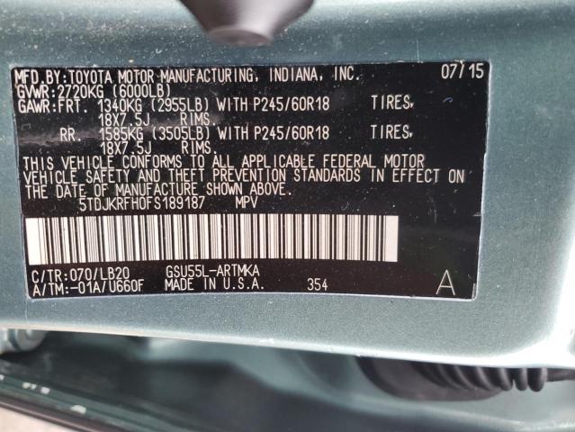 5TDJKRFH0FS189187 - 2015 TOYOTA HIGHLANDER XLE 绿色 照片 13