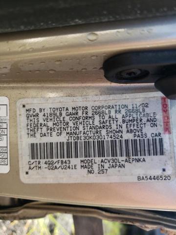 JTDBE30K030174524 - 2003 TOYOTA CAMRY LE 金色 照片 12