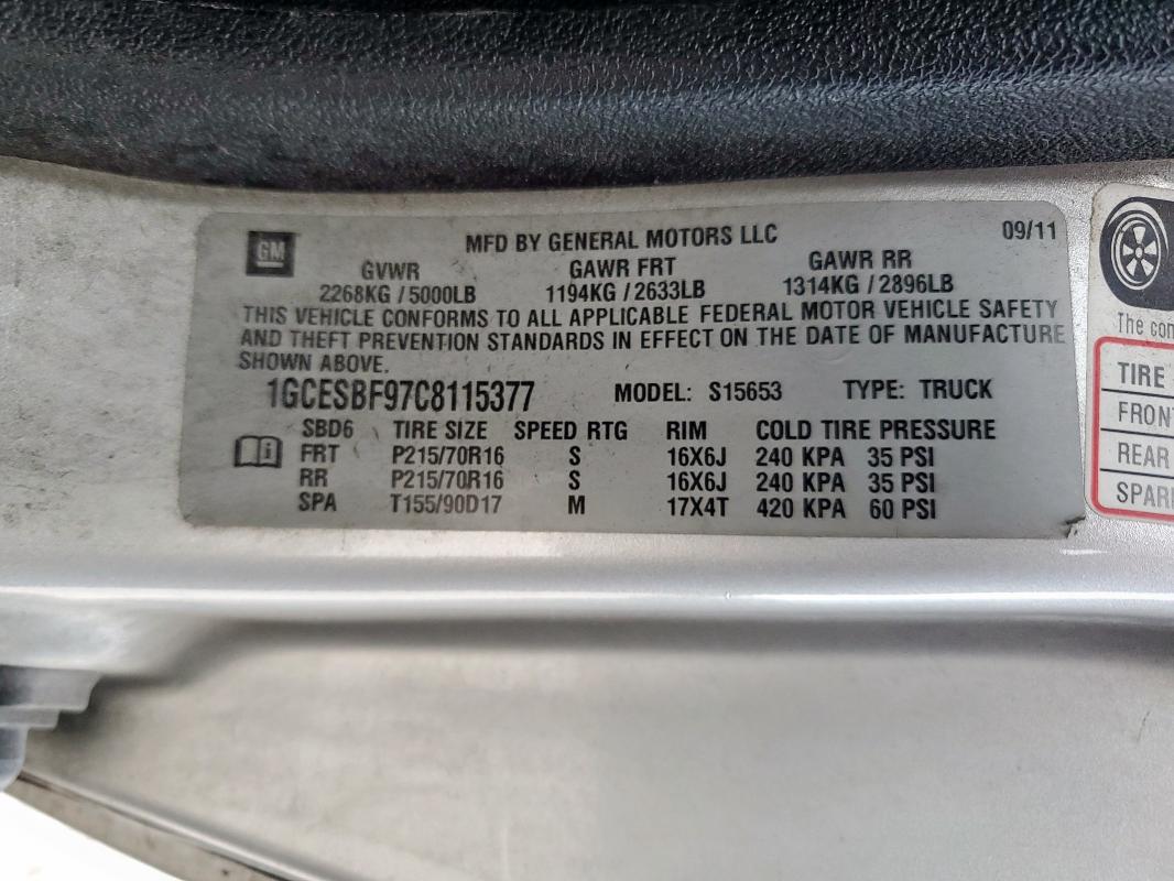 1GCESBF97C8115377 - 2012 CHEVROLET COLORADO Argent photo 12