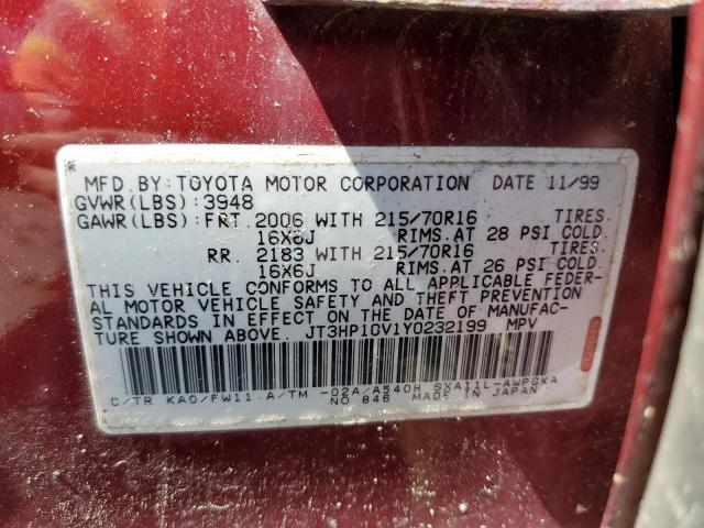 JT3HP10V1Y0232199 - 2000 TOYOTA RAV4 RED photo 13