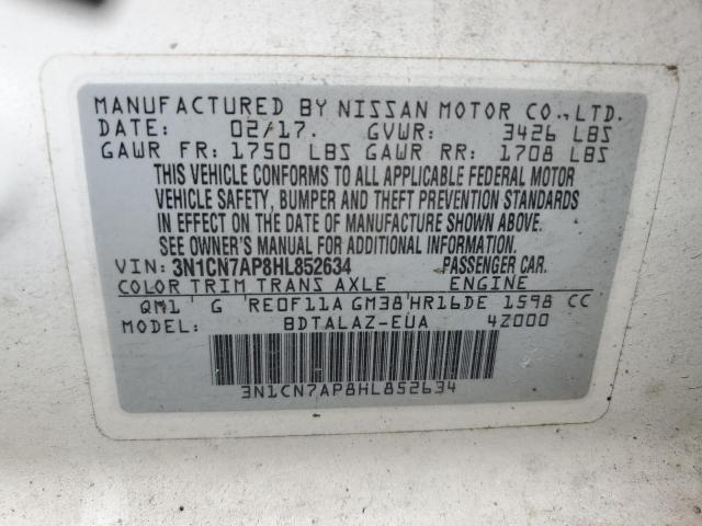 3N1CN7AP8HL852634 - 2017 NISSAN VERSA S WHITE photo 12