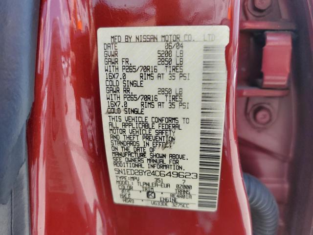 5N1ED28Y24C649623 - 2004 NISSAN XTERRA XE RED photo 13