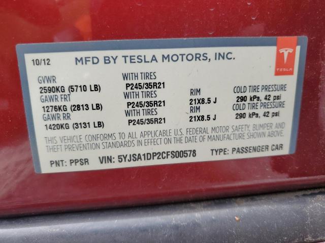 5YJSA1DP2CFS00578 - 2012 TESLA MODEL S წითელი ფოტო 12