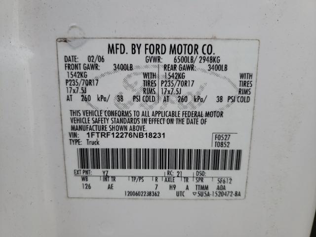 1FTRF12276NB18231 - 2006 FORD F150 WHITE photo 10