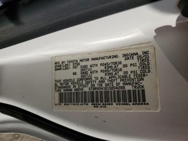 5TBRN34181S204288 - 2001 TOYOTA TUNDRA ACCESS CAB SR5 WHITE photo 12