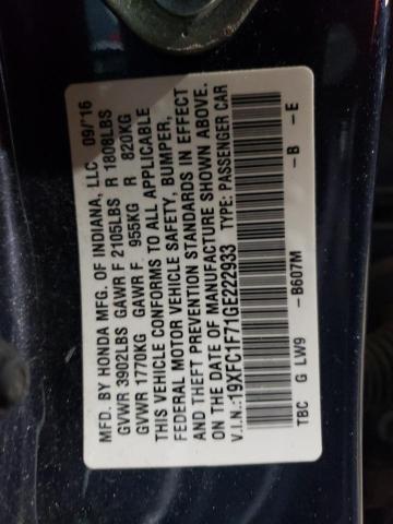 19XFC1F71GE222933 - 2016 HONDA CIVIC EXL ლურჯი ფოტო 13