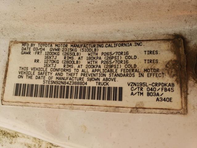 5TESN92N84Z388804 - 2004 TOYOTA TACOMA XTRACAB PRERUNNER 白色 照片 12