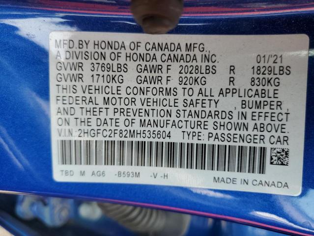 2HGFC2F82MH535604 - 2021 HONDA CIVIC SPORT 蓝色 照片 13