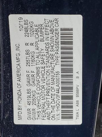 1HGCV3F44LA000755 - 2020 HONDA ACCORD HYBRID EX BLUE photo 12