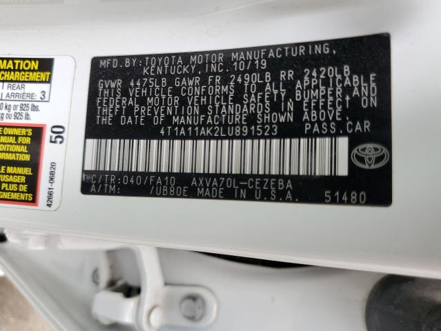 4T1A11AK2LU891523 - 2020 TOYOTA CAMRY L WHITE photo 12