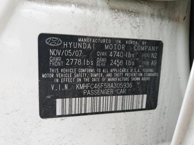 KMHFC46F58A305936 - 2008 HYUNDAI AZERA SE WHITE photo 12