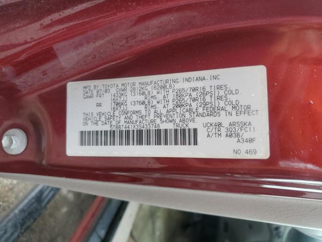 5TBBT441X3S433748 - 2003 TOYOTA TUNDRA ACCESS CAB SR5 BURGUNDY photo 12