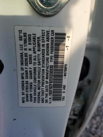 19XFB2F92DE030930 - 2013 HONDA CIVIC EXL WHITE photo 12