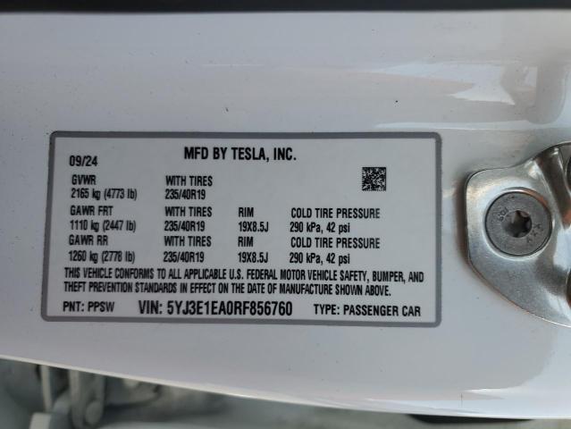 5YJ3E1EA0RF856760 - 2024 TESLA MODEL 3 Ağ foto 13