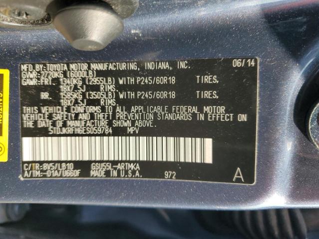 5TDJKRFH6ES059784 - 2014 TOYOTA HIGHLANDER XLE Կապույտ լուսանկար 13