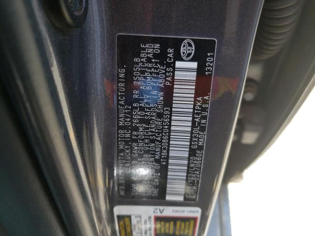 4T1BK3DB6CU456593 - 2012 TOYOTA AVALON BASE 灰色 照片 12