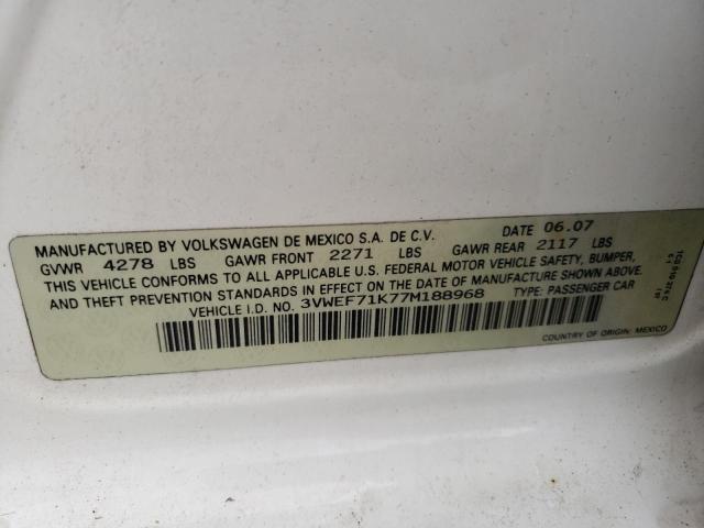 3VWEF71K77M188968 - 2007 VOLKSWAGEN JETTA WOLFSBURG 白色 照片 12