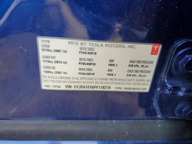 5YJSA1E4XFF118218 - 2015 TESLA MODEL S ლურჯი ფოტო 12