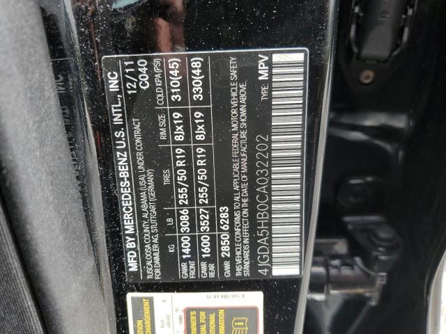 4JGDA5HB0CA032202 - 2012 MERCEDES-BENZ ML 350 4MATIC BLACK photo 14