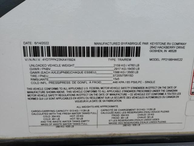 4YDTPPK23NX415924 - 2022 KEYSTONE PASSPORT TWO TONE photo 10