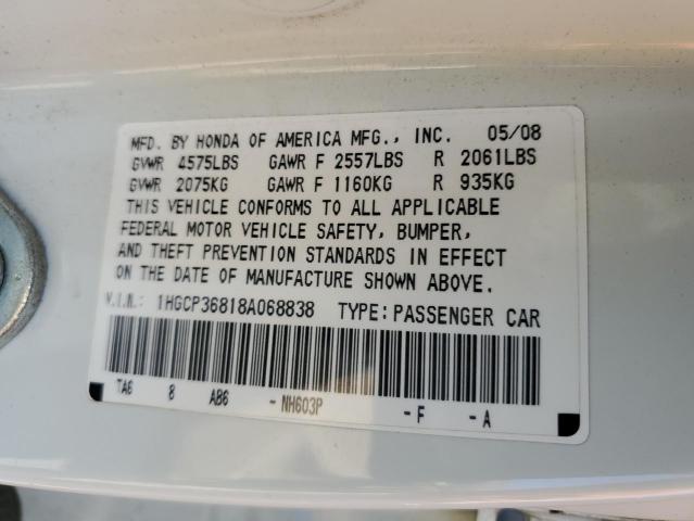 1HGCP36818A068838 - 2008 HONDA ACCORD EXL WHITE photo 12