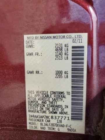1N4AA5AP2BC837771 - 2011 NISSAN MAXIMA S 勃艮第红 照片 12