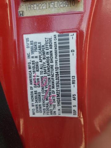1HGEM221X5L028410 - 2005 HONDA CIVIC DX VP Կարմիր լուսանկար 12