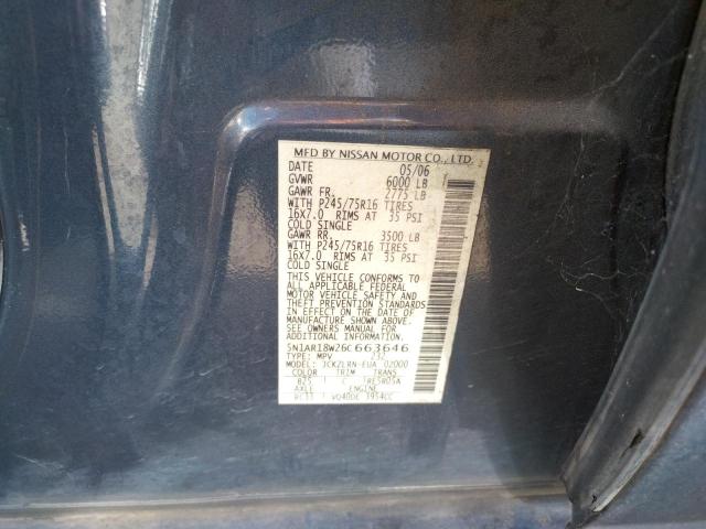 5N1AR18W26C663646 - 2006 NISSAN PATHFINDER LE 蓝色 照片 10