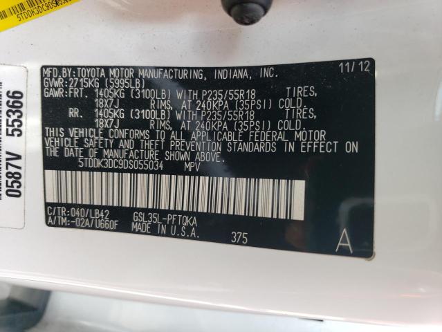 5TDDK3DC9DS055034 - 2013 TOYOTA SIENNA XLE WHITE photo 14