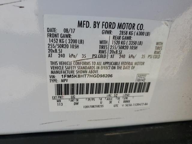 1FM5K8HT7HGD98206 - 2017 FORD EXPLORER PLATINUM WHITE photo 13