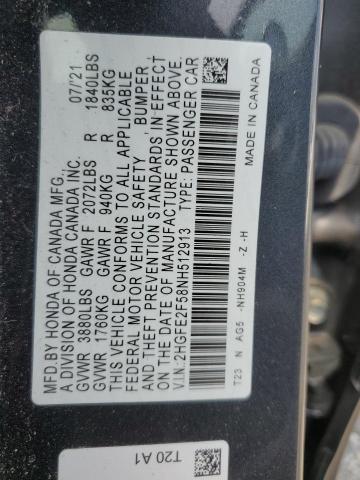 2HGFE2F58NH512913 - 2022 HONDA CIVIC SPORT 灰色 照片 12