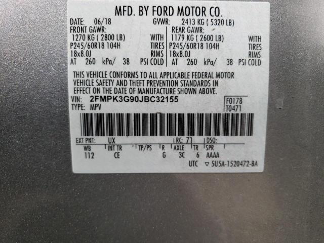 2FMPK3G90JBC32155 - 2018 FORD EDGE SE SILVER photo 12