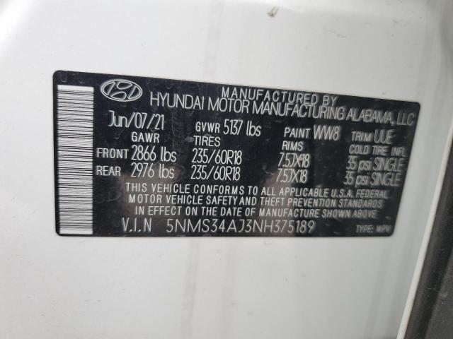 5NMS34AJ3NH375189 - 2022 HYUNDAI SANTA FE SEL WHITE photo 13