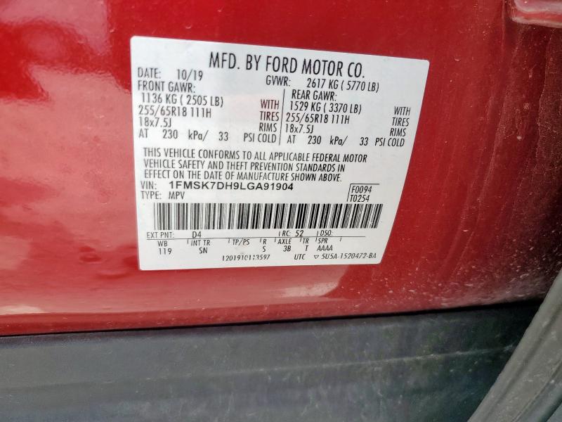 1FMSK7DH9LGA91904 - 2020 FORD EXPLORER XLT წითელი ფოტო 13