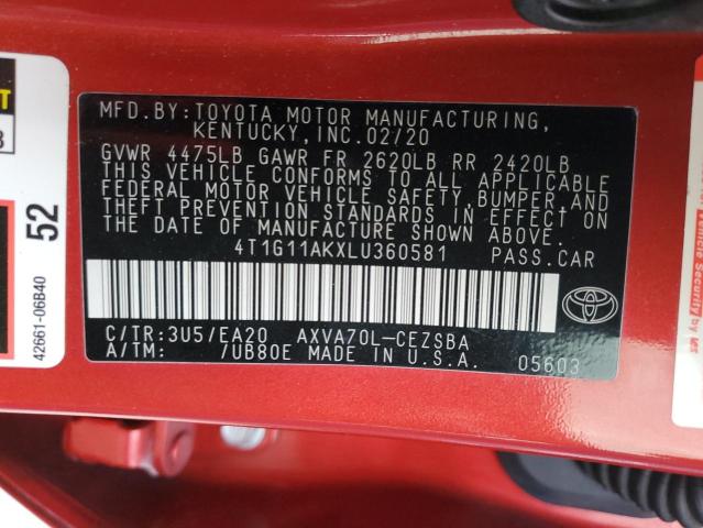 4T1G11AKXLU360581 - 2020 TOYOTA CAMRY SE RED photo 12