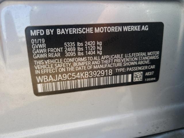 WBAJA9C54KB392918 - 2019 BMW 530E SILVER photo 12