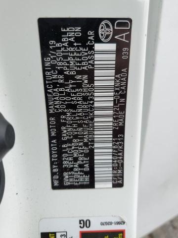 2T1BURHE1KC243505 - 2019 TOYOTA COROLLA L თეთრი ფოტო 12