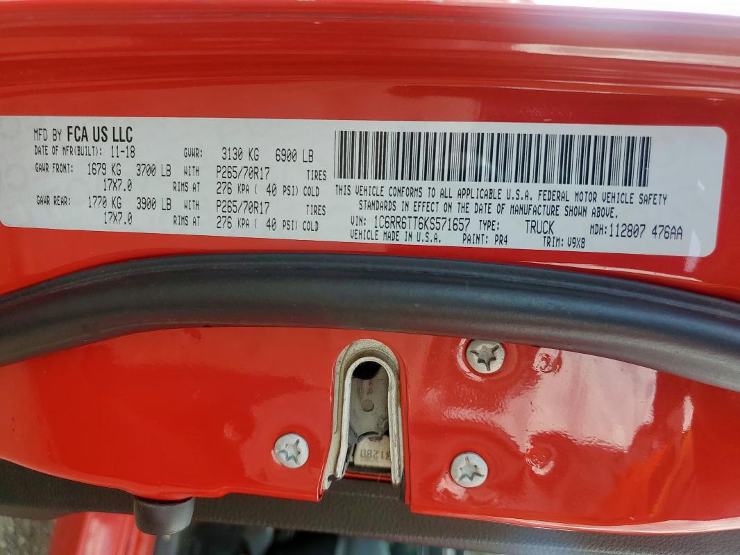 1C6RR6TT6KS571657 - 2019 RAM 1500 CLASS SLT 红色 照片 12