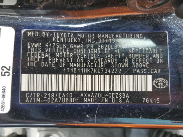 4T1B11HK7KU734272 - 2019 TOYOTA CAMRY L BLACK photo 13