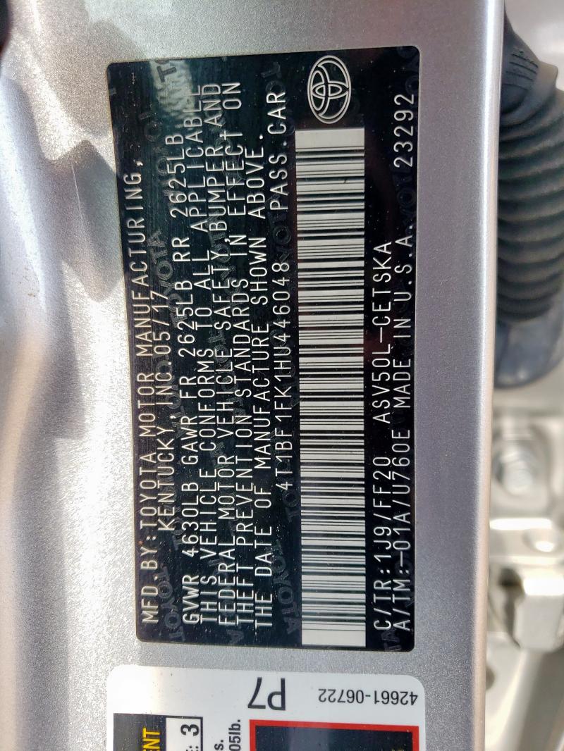 4T1BF1FK1HU446048 - 2017 TOYOTA CAMRY LE ვერცხლისფერი ფოტო 12