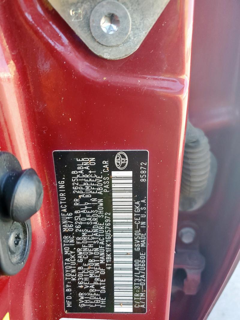 4T1BK1FK1GU576972 - 2016 TOYOTA CAMRY XSE 勃艮第红 照片 12