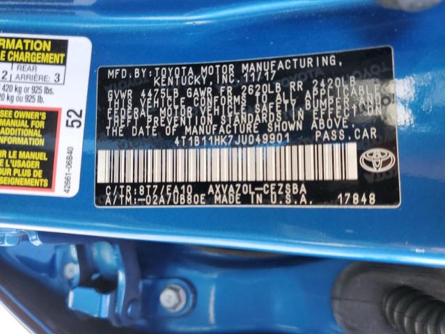 4T1B11HK7JU049901 - 2018 TOYOTA CAMRY L BLUE photo 12