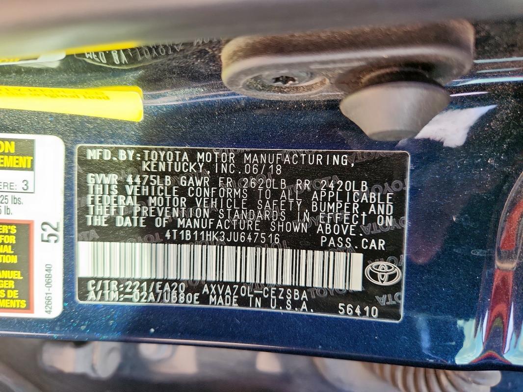 4T1B11HK3JU647516 - 2018 TOYOTA CAMRY L ლურჯი ფოტო 12