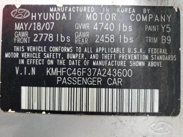 KMHFC46F37A243600 - 2007 HYUNDAI AZERA SE SILVER photo 13